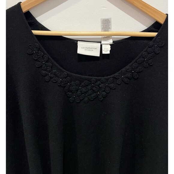 Liz Claiborne Woman's Black Linen Cotton Short Sleeve Sweater Floral Applique 2X - Picture 5 of 16